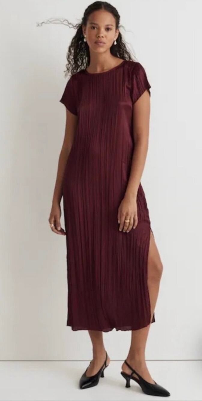 Madewell Short Sleeve Satiny Slip Midi Dress Plisse Mulberry Wine Size XL